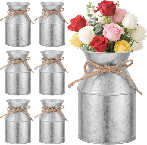 6 Pcs Farmhouse Metal Flower Vase Decor, 5.3 Inch Galvanized Milk Can Jug Vase with Twine Bow Rustic Flower Buckets for Centerpieces Floral Display Table Home Wedding Festival DIY Decorations in Saudi Arabia