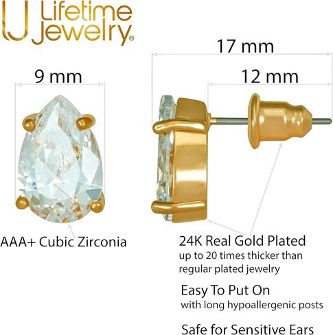 LIFETIME JEWELRY 9mm Cubic Zirconia Teardrop Stud Earrings 24k Real Gold Plated in Saudi Arabia