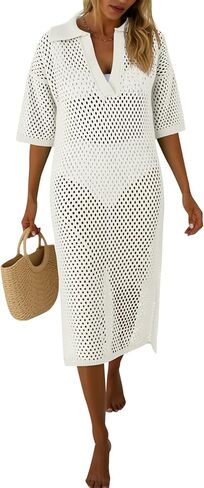 Fisoew Womens Crochet Swimsuit Coverup Summer Hollow Out Short Sleeve V Neck Bikini Coverups Vacation Beach Maxi Dress in Saudi Arabia