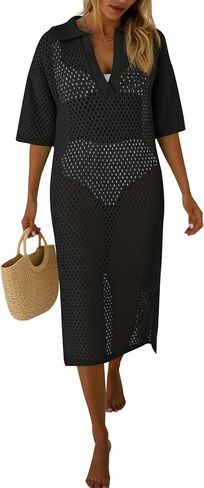 Fisoew Womens Crochet Swimsuit Coverup Summer Hollow Out Short Sleeve V Neck Bikini Coverups Vacation Beach Maxi Dress in Saudi Arabia