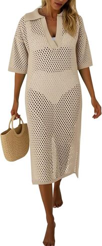 Fisoew Womens Crochet Swimsuit Coverup Summer Hollow Out Short Sleeve V Neck Bikini Coverups Vacation Beach Maxi Dress in Saudi Arabia
