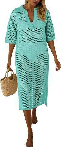 Fisoew Womens Crochet Swimsuit Coverup Summer Hollow Out Short Sleeve V Neck Bikini Coverups Vacation Beach Maxi Dress in Saudi Arabia