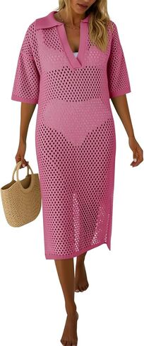 Fisoew Womens Crochet Swimsuit Coverup Summer Hollow Out Short Sleeve V Neck Bikini Coverups Vacation Beach Maxi Dress in Saudi Arabia