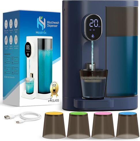Healnix Automatic Mouthwash Dispenser for Bathroom (20.3 oz) - Touchless Smart Mouth Wash Dispenser with 4X Magnetic Cups - Wall-Mounted and Countertop Set for Kids and Adults Bathroom (White) in Kuwait