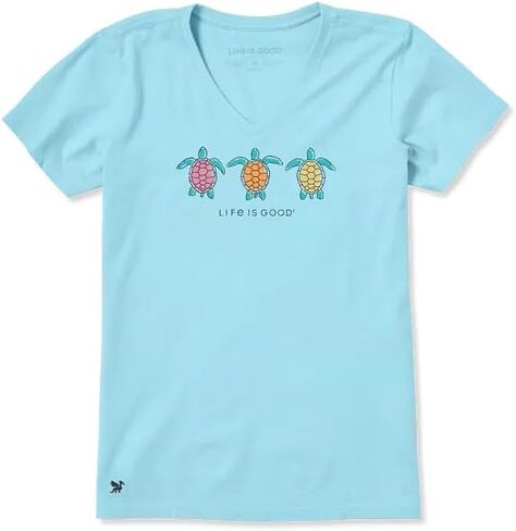 Life is Good. Women's Three Turtles Rally Short Sleeve Crusher Vee, Aqua Blue in Saudi Arabia