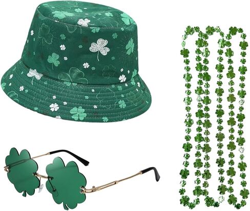 5pc St Patricks Day Bucket Hat Set, Reversible Wear Bucket Hat for Men Women Including 4 Leaf Glasses and Shamrock Necklaces in Saudi Arabia