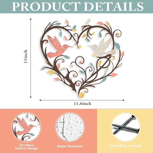 Vineland Metal Hummingbird Wall Art, 11.6" x 11" Heart Shaped Hollow Design Decor, Colorful Iron Outdoor & Indoor Wall Sculpture with Mounting Hardware for Home Bedroom Living Room (pink-white) in Saudi Arabia