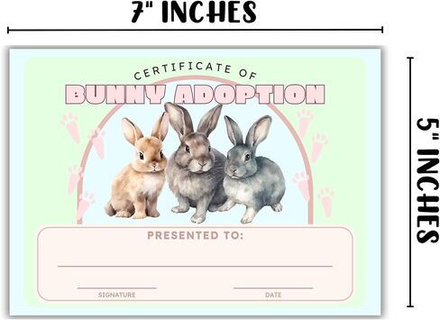 Rabbit Adoption Certificate 30pk 5x7" Easter Bunny Save New Pet Animal Rescue Adopt Milestone Award Basket Stuffed Animal Care Gift Date and Signature Blue Green in Saudi Arabia