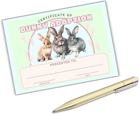 Rabbit Adoption Certificate 30pk 5x7" Easter Bunny Save New Pet Animal Rescue Adopt Milestone Award Basket Stuffed Animal Care Gift Date and Signature Blue Green in Saudi Arabia