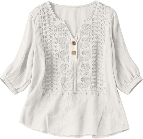 Embroidered Linen Shirts for Women - V Neck 3/4 Sleeve Length Boho Tops Plus Size 2026 Summer Dressy Casual Blouses in Saudi Arabia