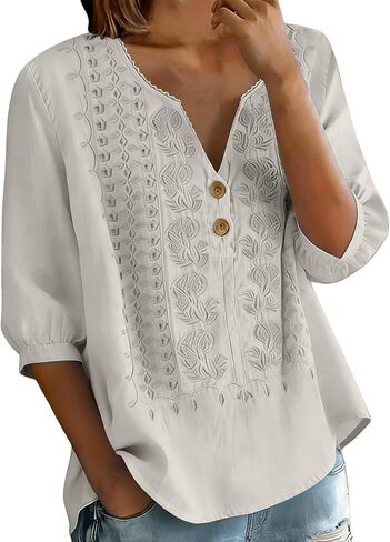 Embroidered Linen Shirts for Women - V Neck 3/4 Sleeve Length Boho Tops Plus Size 2026 Summer Dressy Casual Blouses in Saudi Arabia