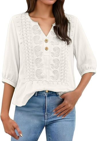 Embroidered Linen Shirts for Women - V Neck 3/4 Sleeve Length Boho Tops Plus Size 2026 Summer Dressy Casual Blouses in Saudi Arabia