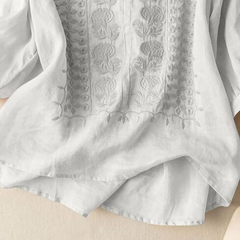 Embroidered Linen Shirts for Women - V Neck 3/4 Sleeve Length Boho Tops Plus Size 2026 Summer Dressy Casual Blouses in Saudi Arabia