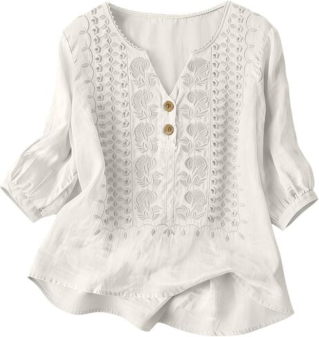 Embroidered Linen Shirts for Women - V Neck 3/4 Sleeve Length Boho Tops Plus Size 2026 Summer Dressy Casual Blouses in Saudi Arabia