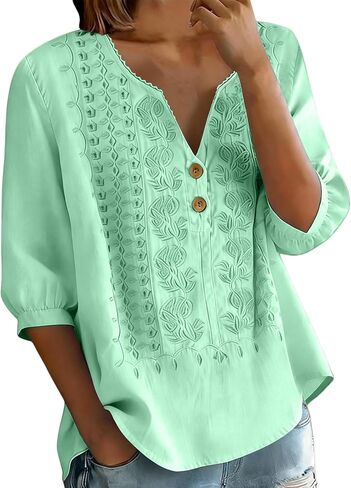 Embroidered Linen Shirts for Women - V Neck 3/4 Sleeve Length Boho Tops Plus Size 2026 Summer Dressy Casual Blouses in Saudi Arabia