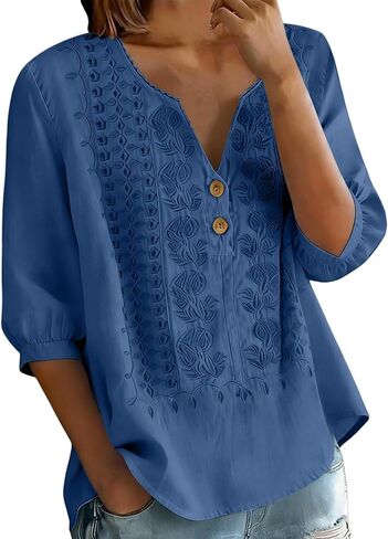 Embroidered Linen Shirts for Women - V Neck 3/4 Sleeve Length Boho Tops Plus Size 2026 Summer Dressy Casual Blouses in Saudi Arabia