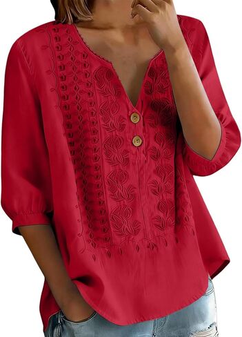 Embroidered Linen Shirts for Women - V Neck 3/4 Sleeve Length Boho Tops Plus Size 2026 Summer Dressy Casual Blouses in Saudi Arabia