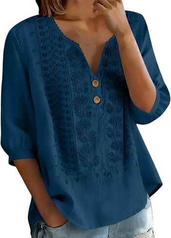 Embroidered Linen Shirts for Women - V Neck 3/4 Sleeve Length Boho Tops Plus Size 2026 Summer Dressy Casual Blouses in Saudi Arabia