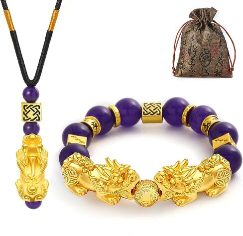 سوار Jardme Feng Shui - مجموعة قلادة سوار من الأحجار الكريمة الطبيعية 12 مم، هدايا عيد الميلاد للنساء والرجال، سوار نجاح الثروة المالية Pi Xiu in Kuwait