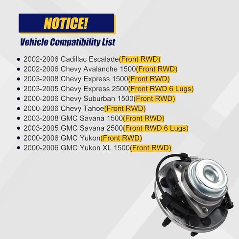KUSATEC 515053 2pcs Front Wheel Bearing and Hub Assembly Compatible with 2000-2008 Cadillac Escalade,Chevy Avalanche Express Suburban 1500 2500 Tahoe,GMC Savana Yukon XL 1500 2500, 6 Lug Bolts w/ABS in Saudi Arabia