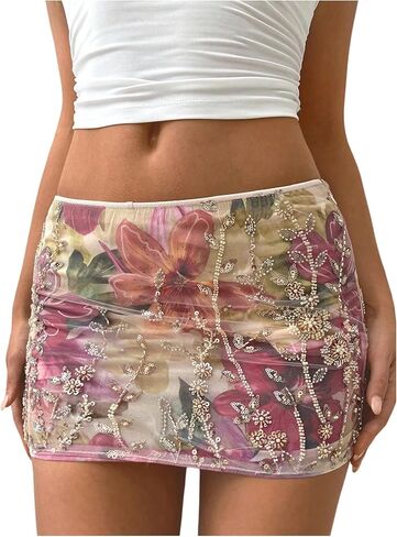 MakeMeChic Women's Floral Print Sequin Mini Skirt Glitter Low Rise Bodycon Party Night Out Skirts in Saudi Arabia