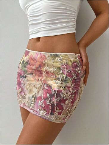MakeMeChic Women's Floral Print Sequin Mini Skirt Glitter Low Rise Bodycon Party Night Out Skirts in Saudi Arabia
