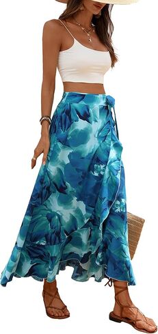 Women's Boho Floral High Waist Maxi Skirt with Knotted Belt Asymmetric Hem Ruffle Flowy Vacation Beach Long Skirt in Saudi Arabia