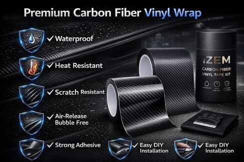 IZEM Carbon Fiber Vinyl Tape Kit for Cars – 2-Pack 6D Gloss Black & 4D Matte Black, 2"×33ft + 4"×16ft – Waterproof Car Wrap, Scratch Protection, Easy Install with Squeegee & Microfiber Cloth in Saudi Arabia