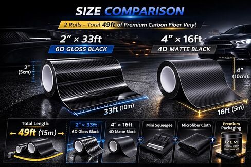 IZEM Carbon Fiber Vinyl Tape Kit for Cars – 2-Pack 6D Gloss Black & 4D Matte Black, 2"×33ft + 4"×16ft – Waterproof Car Wrap, Scratch Protection, Easy Install with Squeegee & Microfiber Cloth in Saudi Arabia