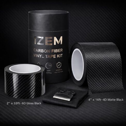 IZEM Carbon Fiber Vinyl Tape Kit for Cars – 2-Pack 6D Gloss Black & 4D Matte Black, 2"×33ft + 4"×16ft – Waterproof Car Wrap, Scratch Protection, Easy Install with Squeegee & Microfiber Cloth in Saudi Arabia