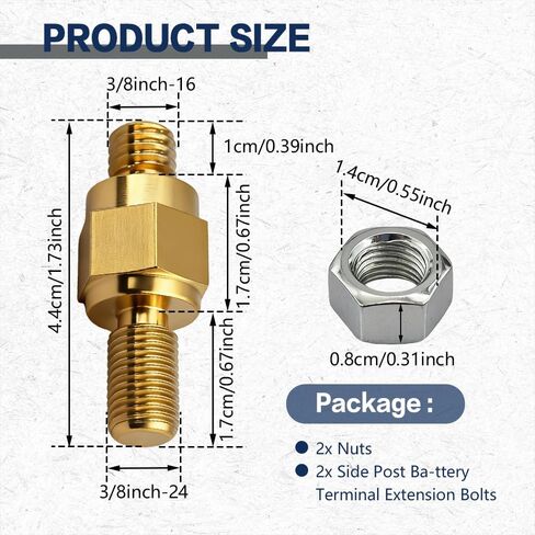 2PCS Side Post Battery Terminal Adapter, Side Post Battery Bolts, 3/8"-16 and 3/8"-24 Brass Terminal Stud, Car Accessories Auto Charging Solid Brass Extender Long Stud Compatible with GM Post in Saudi Arabia