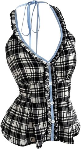 Floerns Women's Y2k Gingham Halter Top Sleeveless Button Down Frill Trim Cute Peplum Tops in Saudi Arabia
