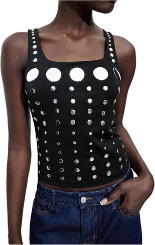 WDIRARA Women's Studded Square Neck Tank Tops Goth Punk Sleeveless Top Rave Clubwear in Saudi Arabia