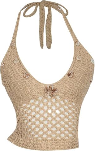 SHENHE Women's Shell Beaded Crochet Halter Crop Top Hollow Out Backless Beach Vacation Tank in Saudi Arabia