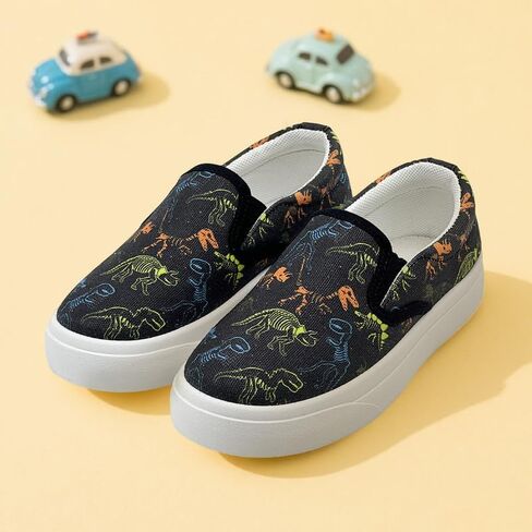 Toddler Kids Sneakers for Boys Girls Slip On Canvas Shoes Children Low Top Casual Outdoor Sneaker Dinosaur Pattern Black in Saudi Arabia