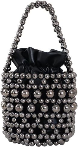 women's silver acrylic bead handbag, black leather inner bag, fashionable metal shoulder strap crossbody bag, small bucket bag in Saudi Arabia