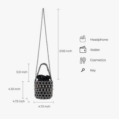 women's silver acrylic bead handbag, black leather inner bag, fashionable metal shoulder strap crossbody bag, small bucket bag in Saudi Arabia
