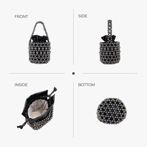 women's silver acrylic bead handbag, black leather inner bag, fashionable metal shoulder strap crossbody bag, small bucket bag in Saudi Arabia
