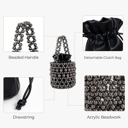 women's silver acrylic bead handbag, black leather inner bag, fashionable metal shoulder strap crossbody bag, small bucket bag in Saudi Arabia