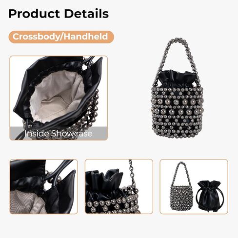 women's silver acrylic bead handbag, black leather inner bag, fashionable metal shoulder strap crossbody bag, small bucket bag in Saudi Arabia