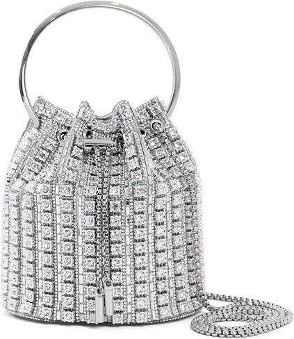 embellished Bucket Bag with Ring Handle, Multicolor Crystal Rhinestone, Gold Chain Strap, Evening Clutch in Saudi Arabia