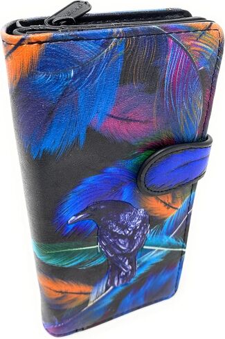 محفظة نسائية كبيرة من Shag Wear Raven Feather، مصنوعة من جلد صناعي نباتي ثنائي الطي مع فتحات للبطاقات، ومقصورات للفاتورة وإغلاق آمن بالإطباق باللون الأسود 7 بوصات in Saudi Arabia
