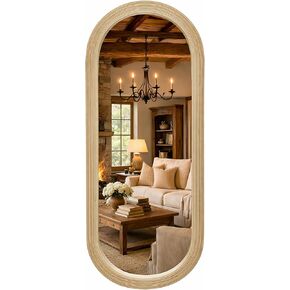 20" x 52" Oval Full Length Wall Mounted Mirror, Handwoven Natural Bamboo Strip Frame, Textured Boho Coastal Style Mirror for Entryway, Bedroom, Dressing Room, Vertical & Horizontal Hanging in Kuwait