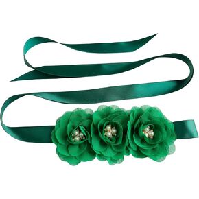 Hunter Green Chiffon Flower Girl Sash Belt,Pearls Sash Beltsfor Bridesmaid Dresses in Kuwait