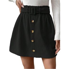 SHENHE Women's High Waist Paperbag Skirt Button Front A Line Fall Corduroy Mini Skirt with Belt in Kuwait
