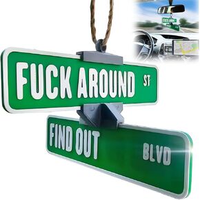 شماعة لافتة شارع مطبوعة ثلاثية الأبعاد - مرآة سيارة مضحكة وديكورات منزلية، هدية مبتكرة للشاحنة والجراج، قلادة داخلية للسيارة مع تحذير أمني (أسود) in Kuwait