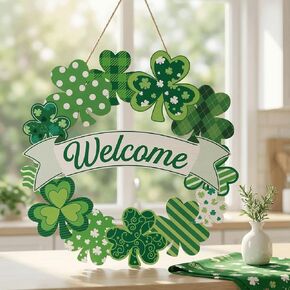 Wooden St. Patrick‘s Day Door Sign - Shamrock Welcome Wreath Hanging Decor for Front Door, Wall, Indoor & Outdoor Irish Party Home Decorations (Welcome Shamrock) in Saudi Arabia