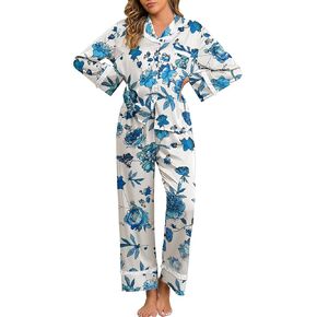 Jusfitsu Women's Silk Satin Pajamas for Women Set Long Sleeve 2 Piece Cute Ruffle Button Down Pjs Sets Soft Loungewear in Kuwait