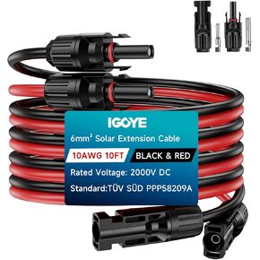 كابل تمديد للطاقة الشمسية 10AWG بطول 2 × 20 قدم كابل لوحة شمسية مع موصلات مقاومة للماء للإناث والذكور، سلك تمديد اللوحة الكهروضوئية 6 مم²، للألواح الكهروضوئية وأجهزة التحكم والأنظمة خارج الشبكة (20 قدم أحمر + 20 قدم أسود) in Kuwait