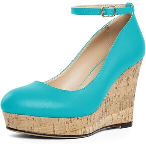 AUMOTED Women's Platform Wedges High Heels Pumps Closed Round Toe Buckle Ankle Strap Suede Heels Shoes for Ladies Casual Dress 3.93 Inch in Saudi Arabia